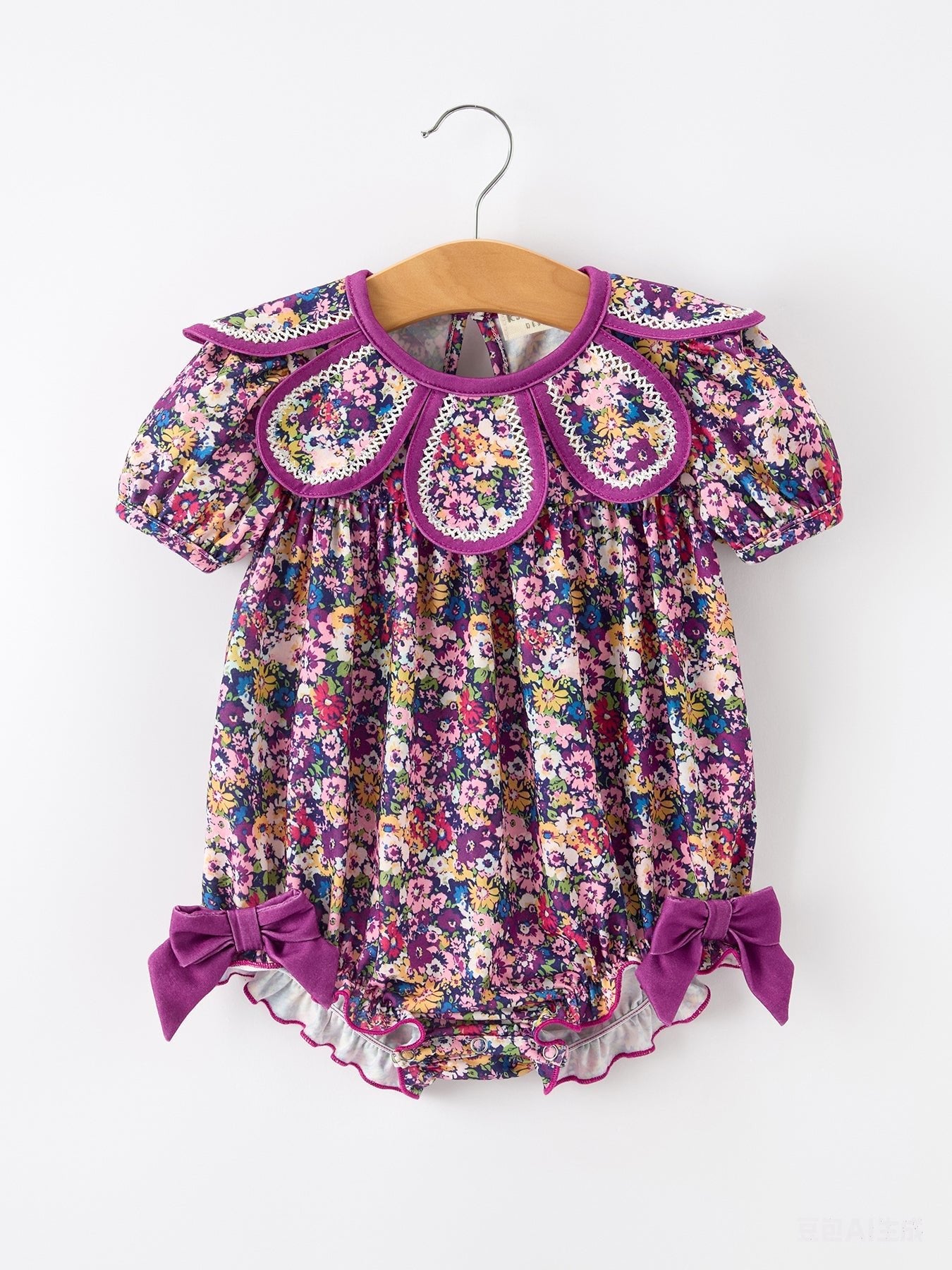 Purple Floral Bow Petals Collar Girls Romper - Abbies Place