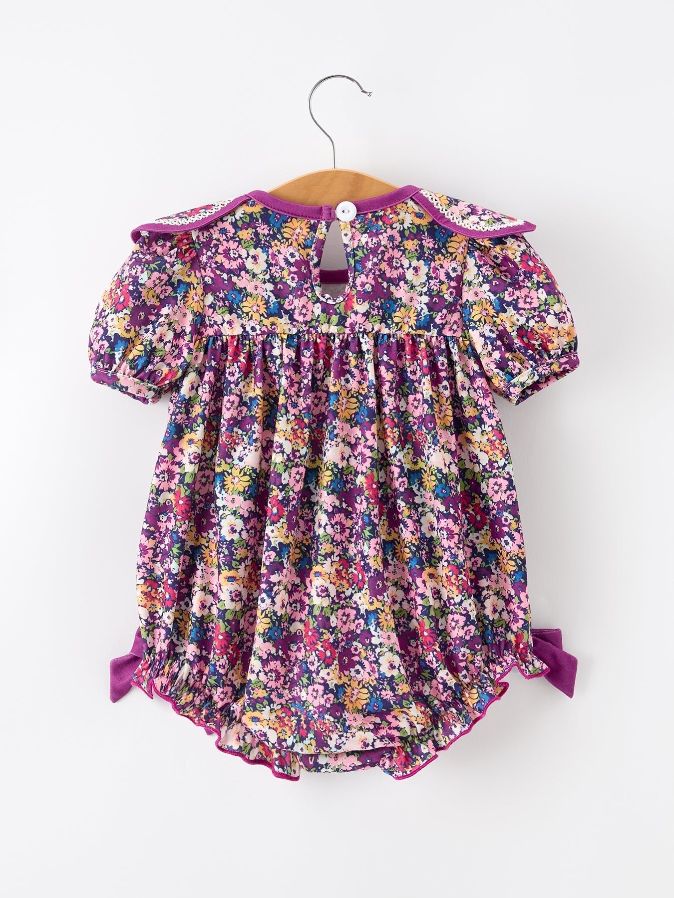 Purple Floral Bow Petals Collar Girls Romper - Abbies Place