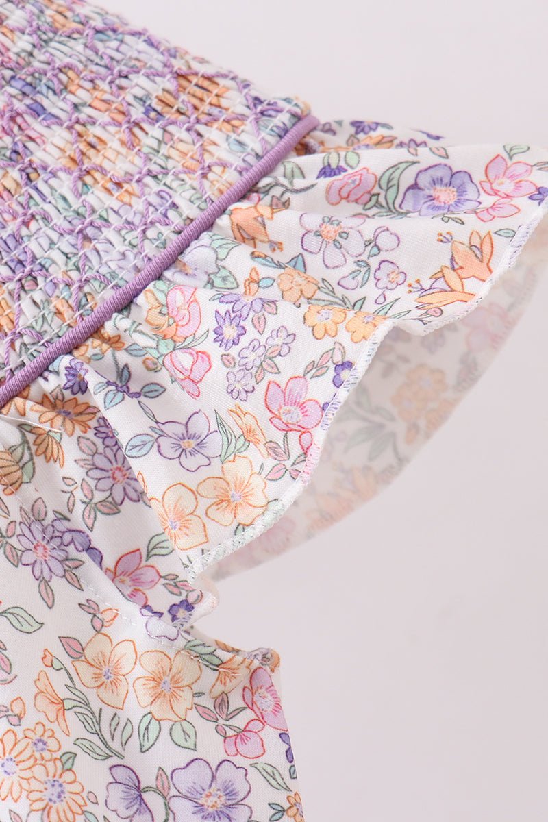 Purple Floral Smocked Ruffle Bubble - Abbies Place