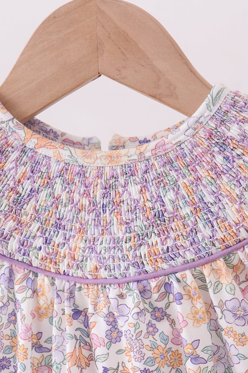 Purple Floral Smocked Ruffle Bubble - Abbies Place