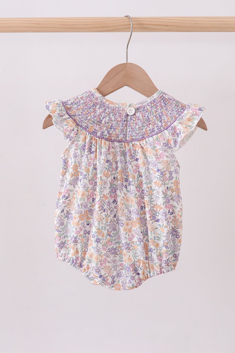 Purple Floral Smocked Ruffle Bubble - Abbies Place