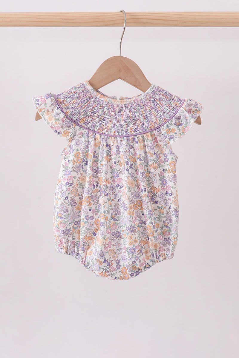 Purple Floral Smocked Ruffle Bubble - Abbies Place