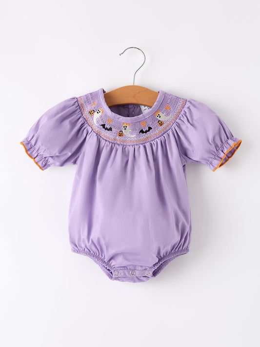 Purple Halloween Smock Embroidery Baby Girl Romper - Abbies Place
