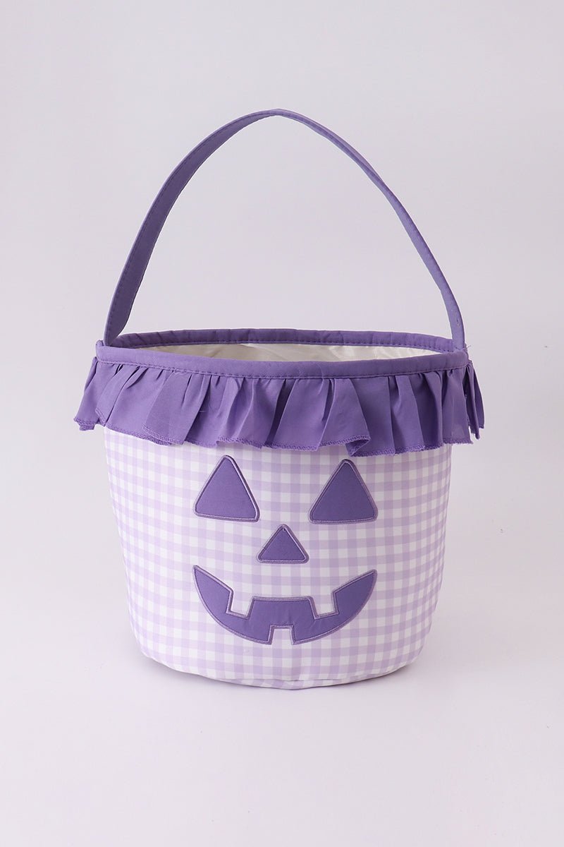 Purple Pumpkin Applique Gingham Ruffle Basket - Abbies Place