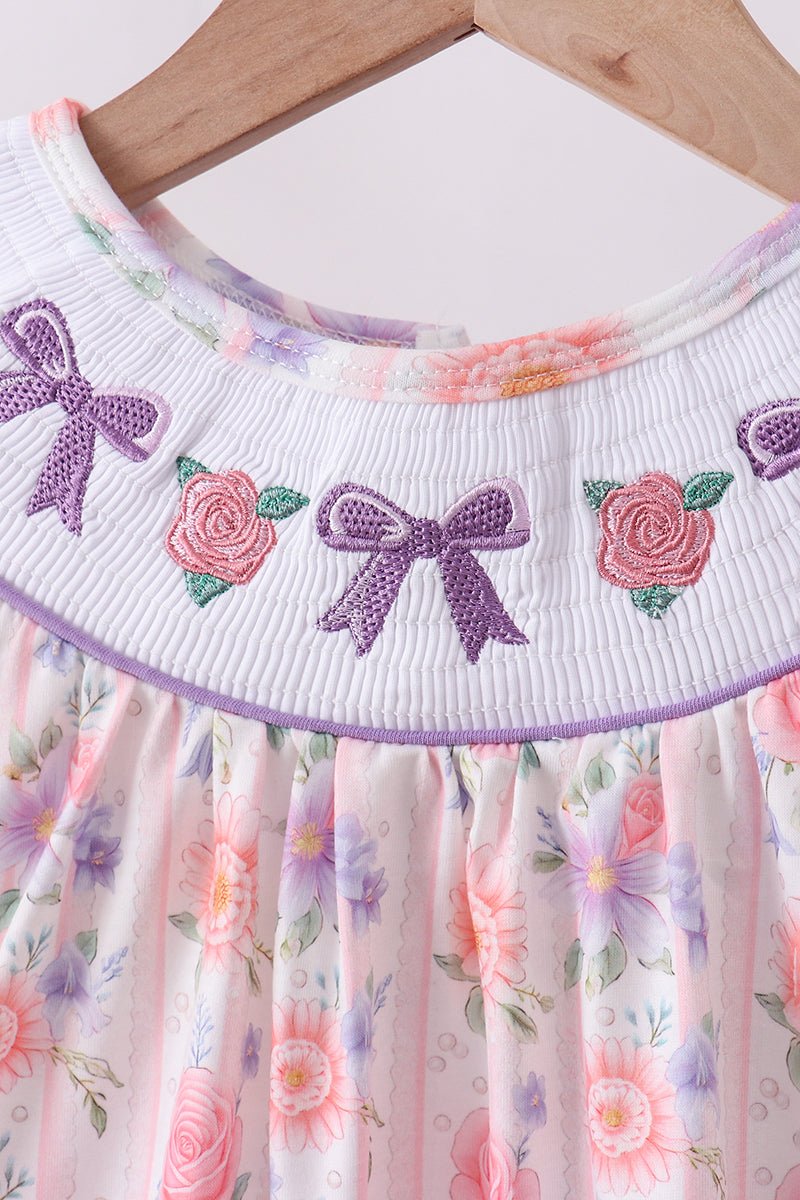 Purple rose bow smocked ruffle shorts set - Abbies Place