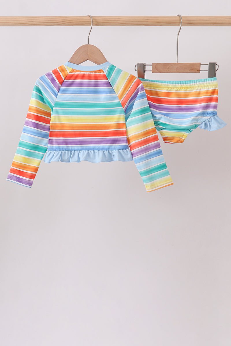Rainbow Stripe Bow Ruffle Rashguard Set - Abbies Place