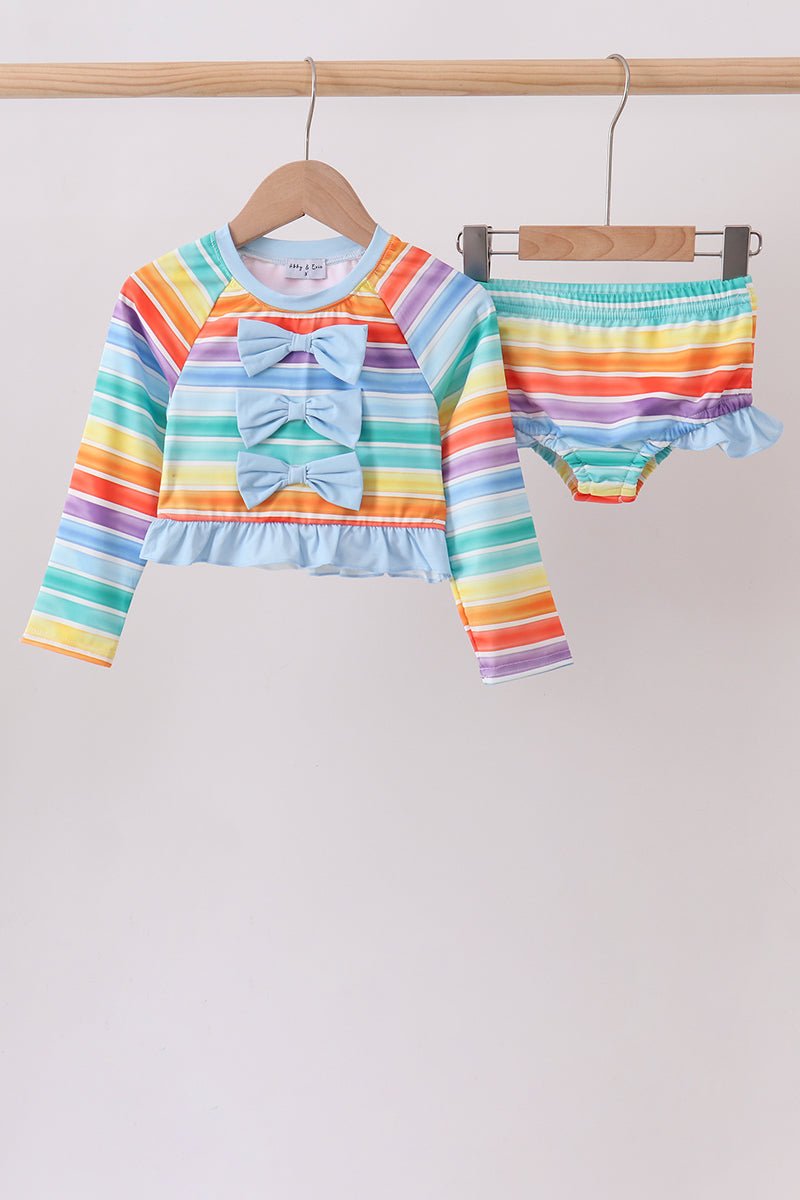 Rainbow Stripe Bow Ruffle Rashguard Set - Abbies Place