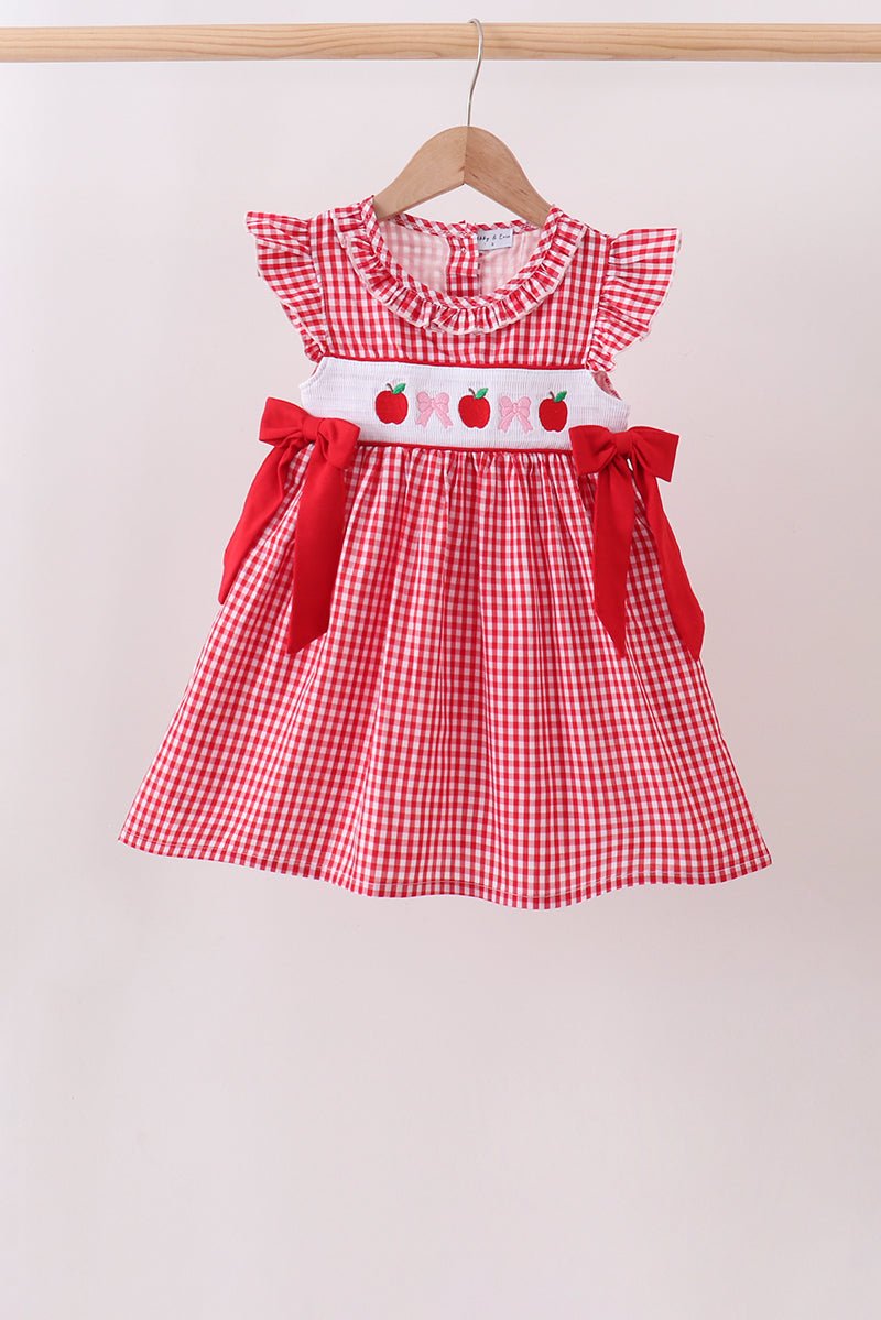 Red Apple Bow Smocked Gingham Dress - Abbies Place