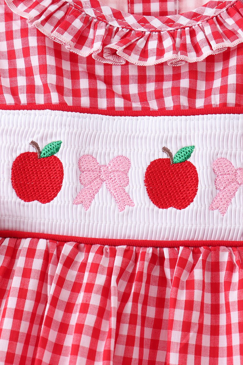 Red Apple Bow Smocked Gingham Dress - Abbies Place