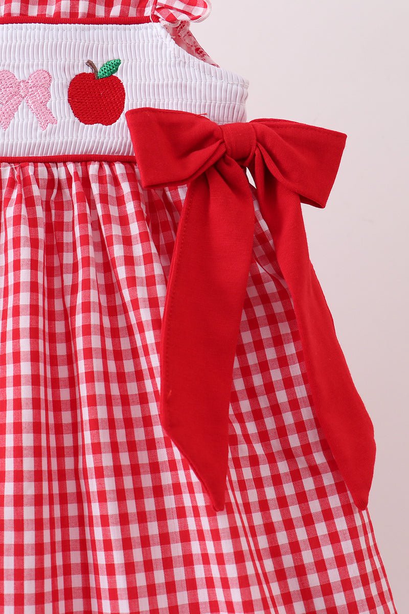 Red Apple Bow Smocked Gingham Dress - Abbies Place
