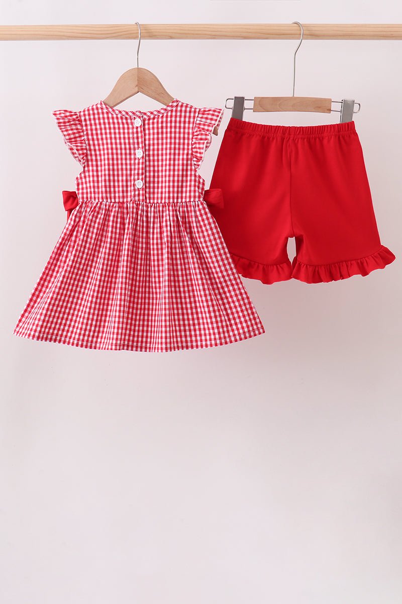 Red Apple Bow Smocked Gingham Ruffle Shorts Set - Abbies Place