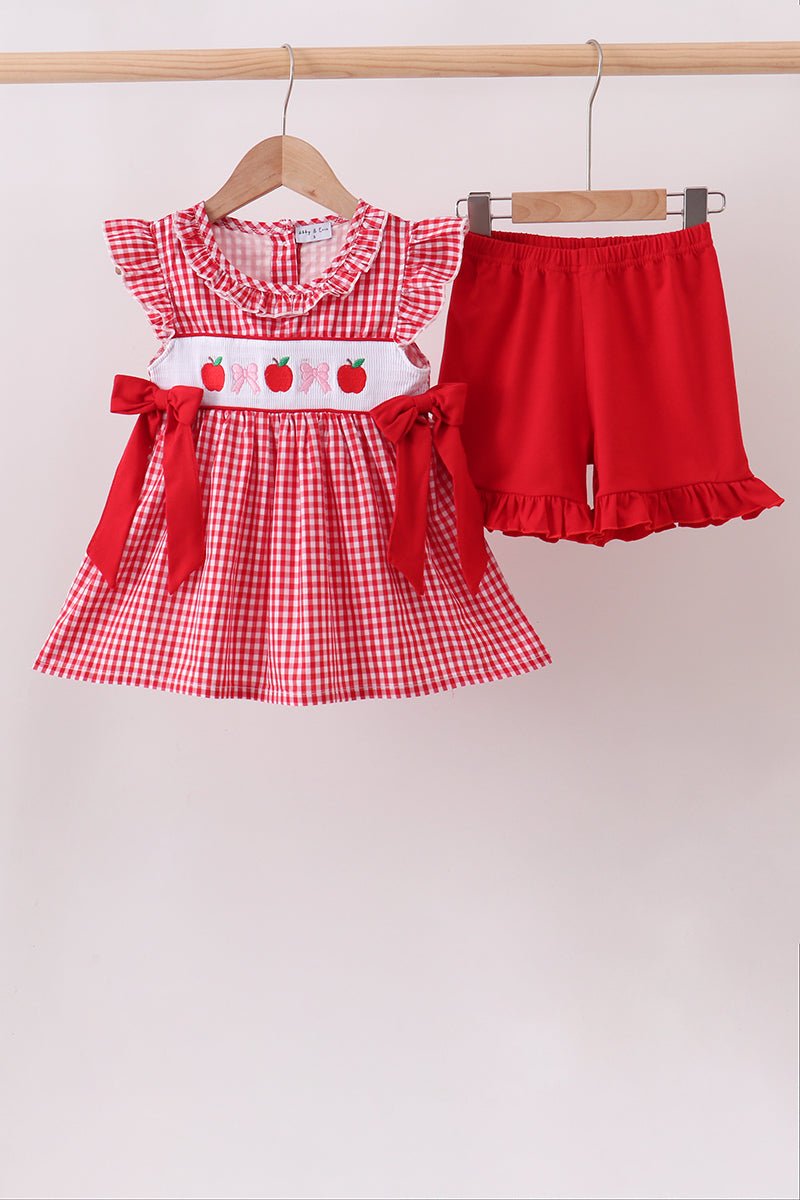 Red Apple Bow Smocked Gingham Ruffle Shorts Set - Abbies Place