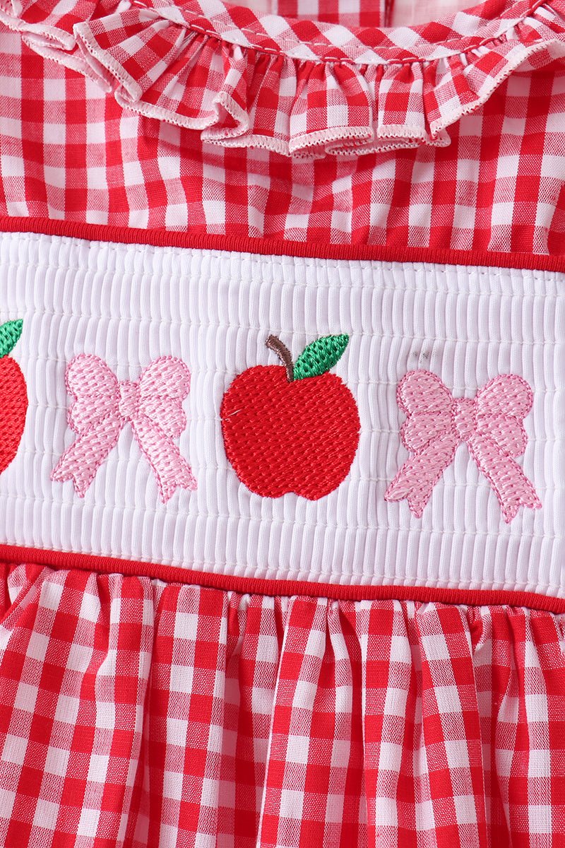 Red Apple Bow Smocked Gingham Ruffle Shorts Set - Abbies Place