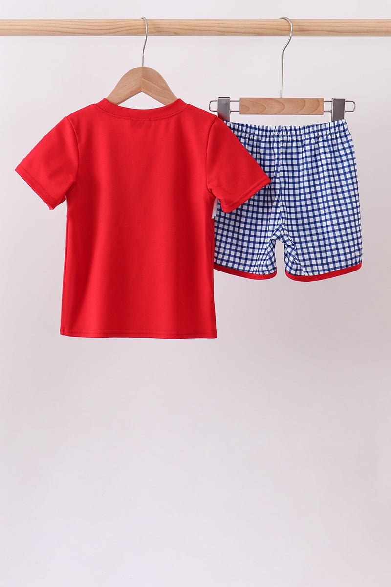 Red Apple Embroidered Gingham Shorts Set - Abbies Place