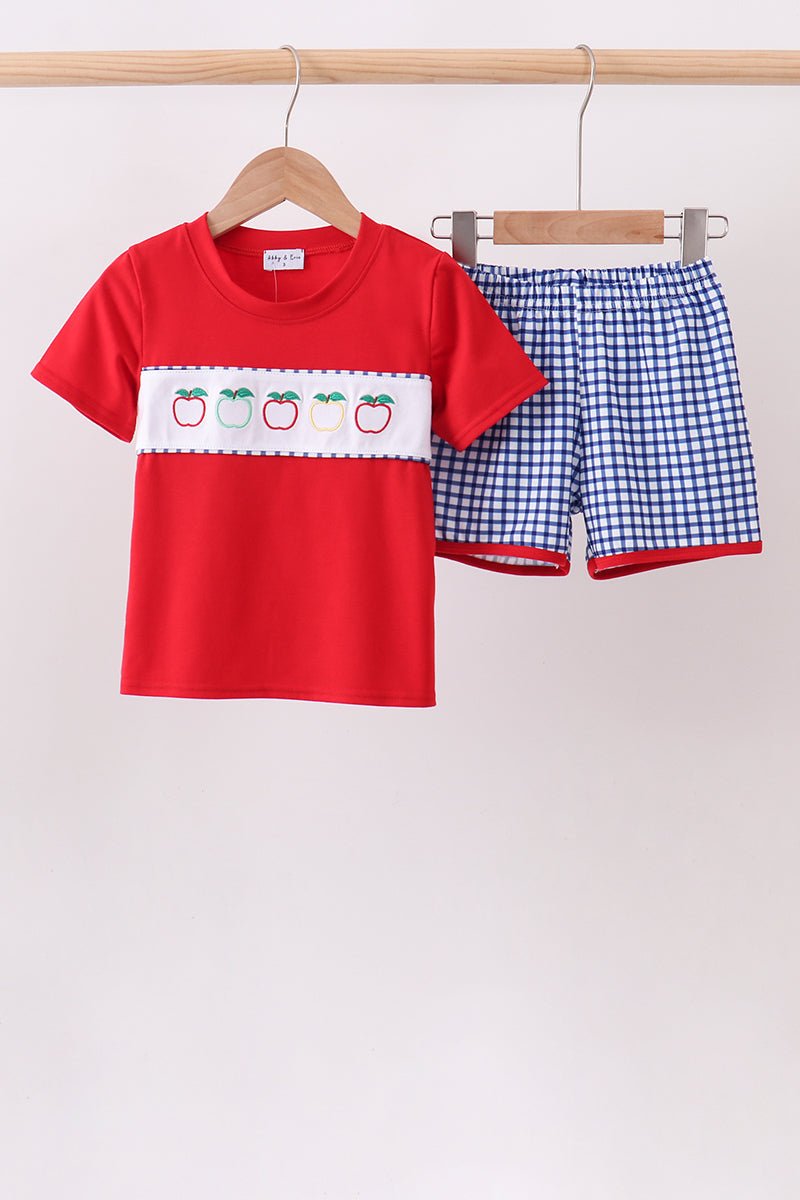 Red Apple Embroidered Gingham Shorts Set - Abbies Place