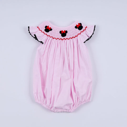 Red character hand smocked plaid ruffle bubble - Abbies Place