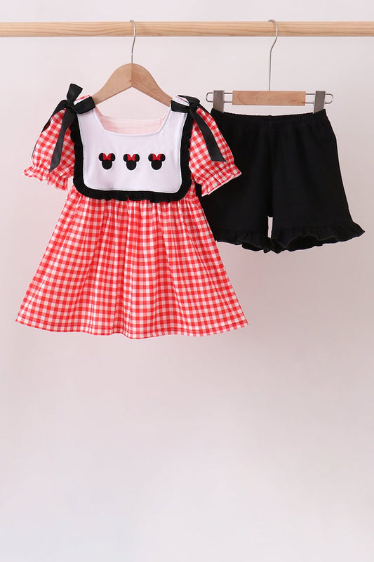 Red Character Plaid Embroidered Ruffle Short Set - Abbies Place