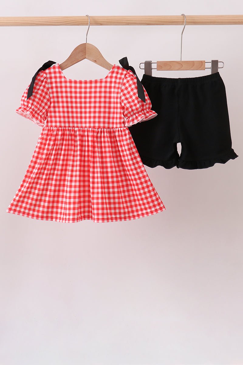 Red Character Plaid Embroidered Ruffle Short Set - Abbies Place