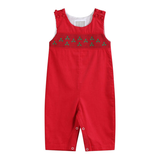 Red Corduroy Mistletoe Smocked Overalls - Abbies Place