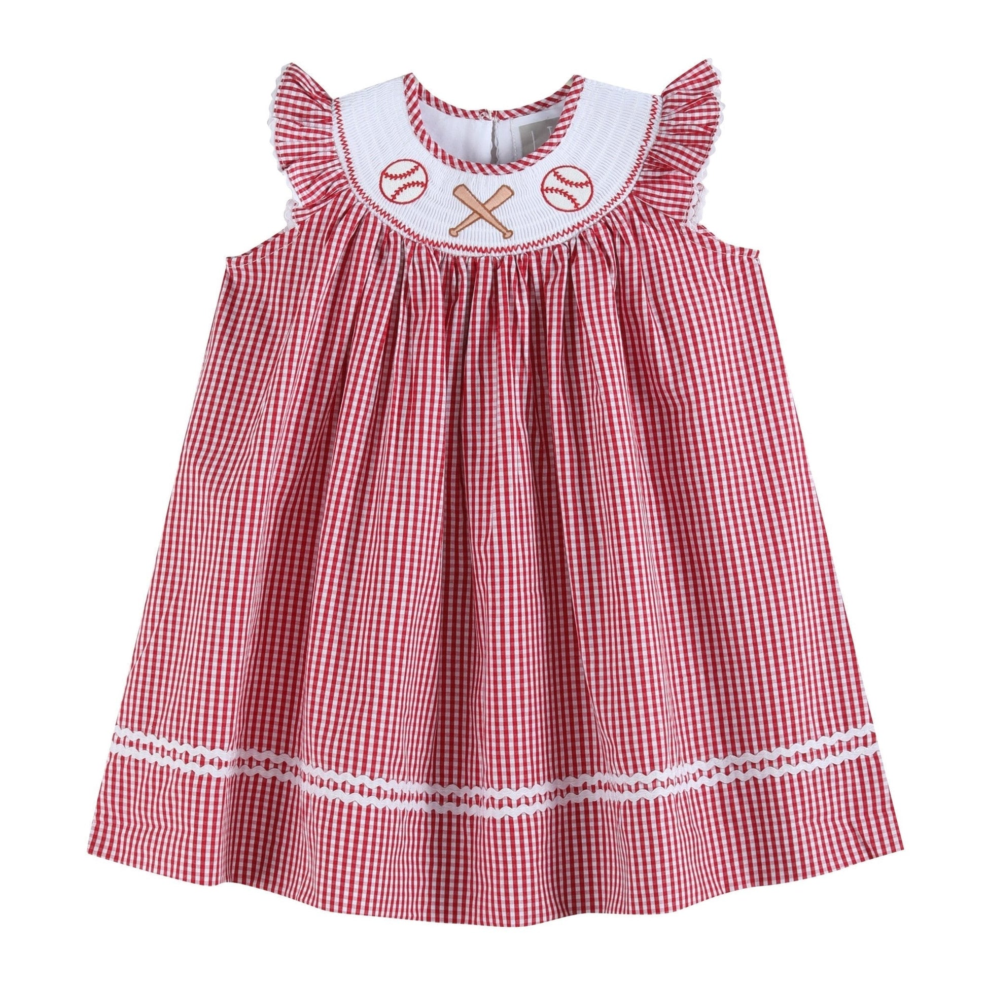 Red Gingham Baseball Smocked Bishop Dress - Abbies Place
