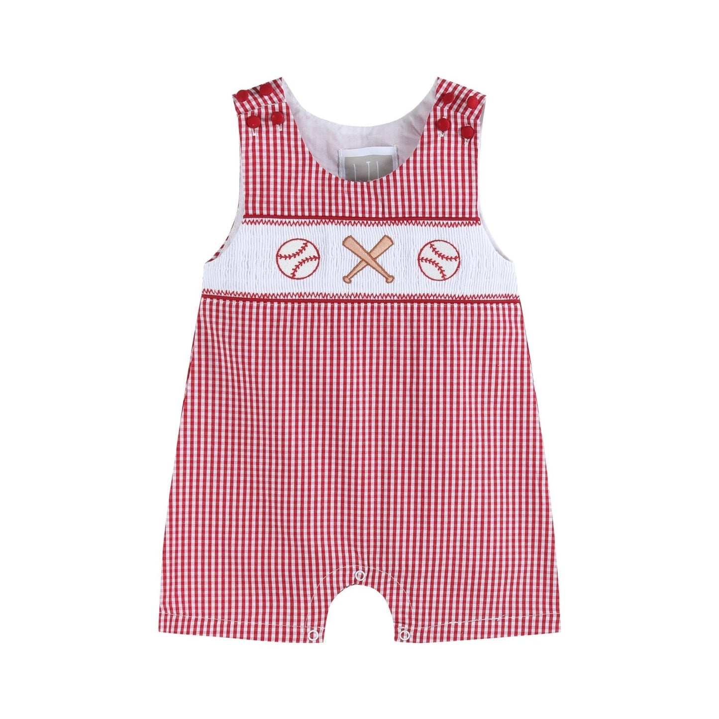 Red Gingham Baseball Smocked Shortalls - Abbies Place