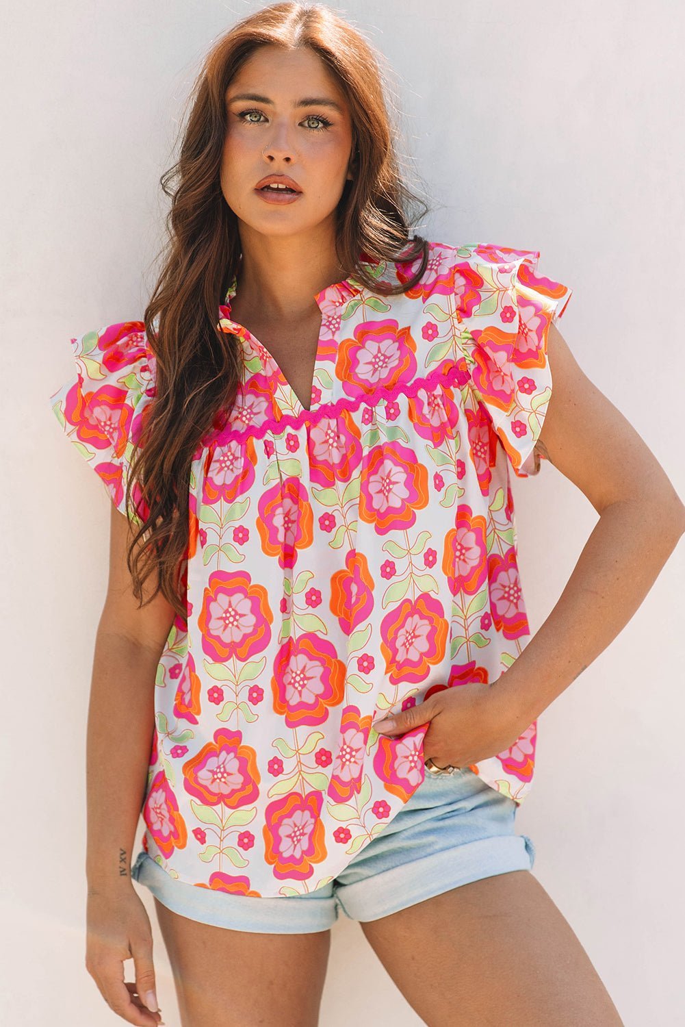 Rose Floral Ruffled Sleeve Ric-rac Trim Split Neck Loose Blouse - Abbies Place