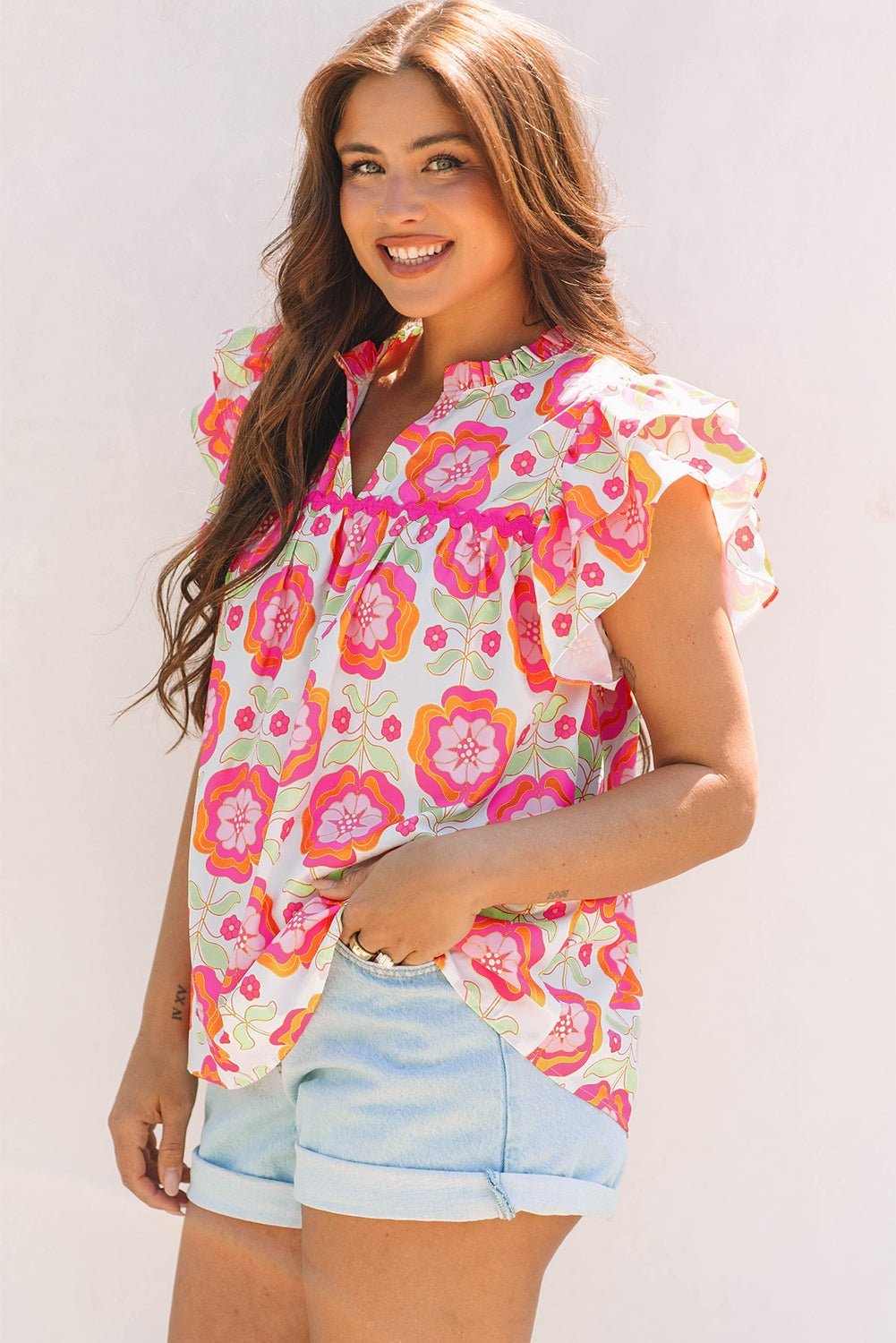 Rose Floral Ruffled Sleeve Ric-rac Trim Split Neck Loose Blouse - Abbies Place