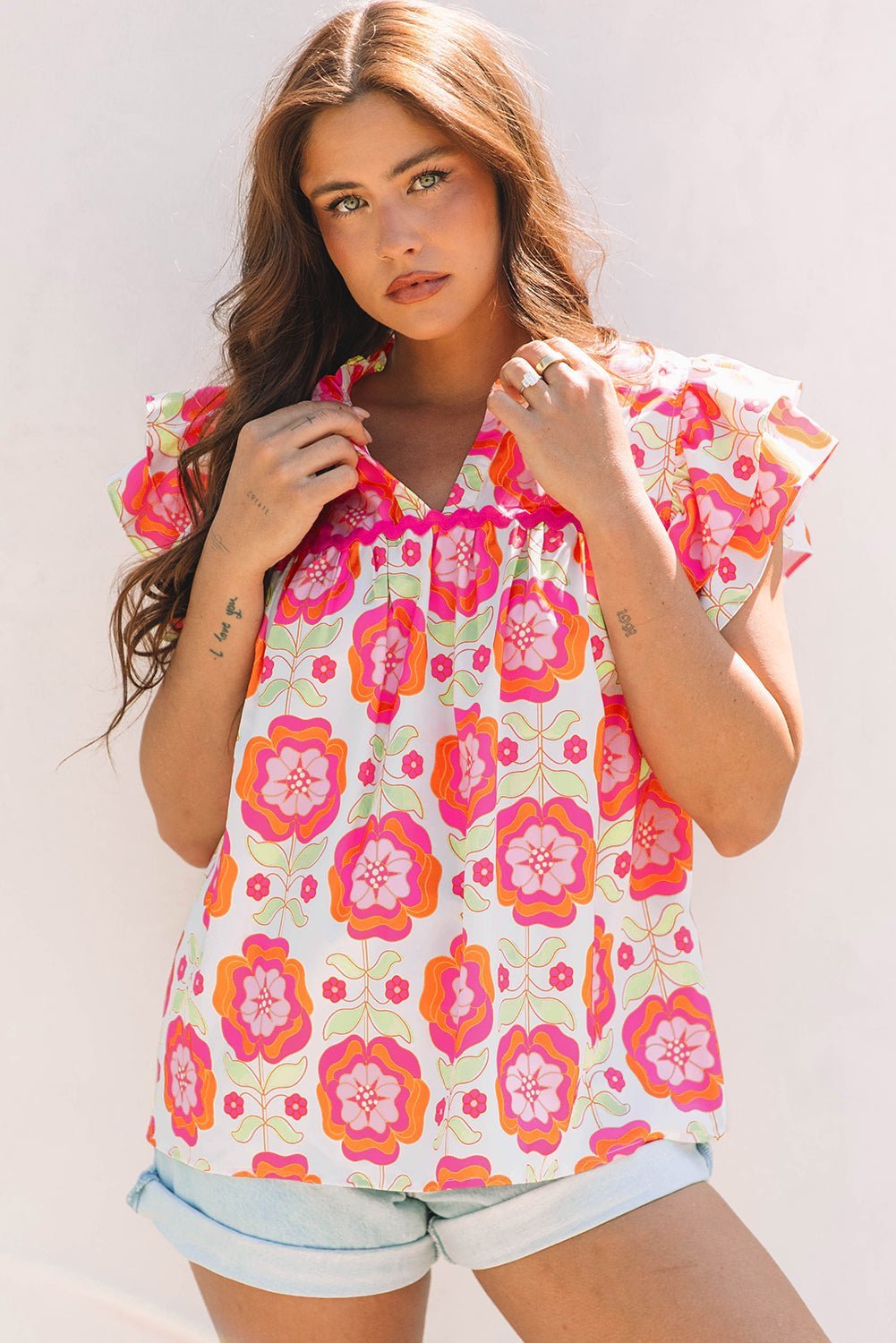 Rose Floral Ruffled Sleeve Ric-rac Trim Split Neck Loose Blouse - Abbies Place