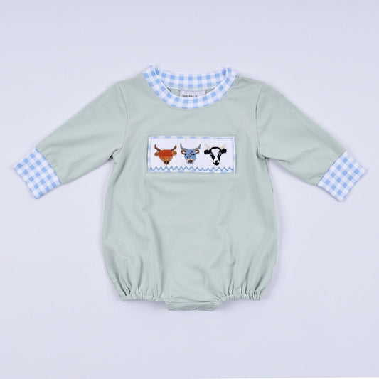 Sage cow hand smocked bubble - Abbies Place