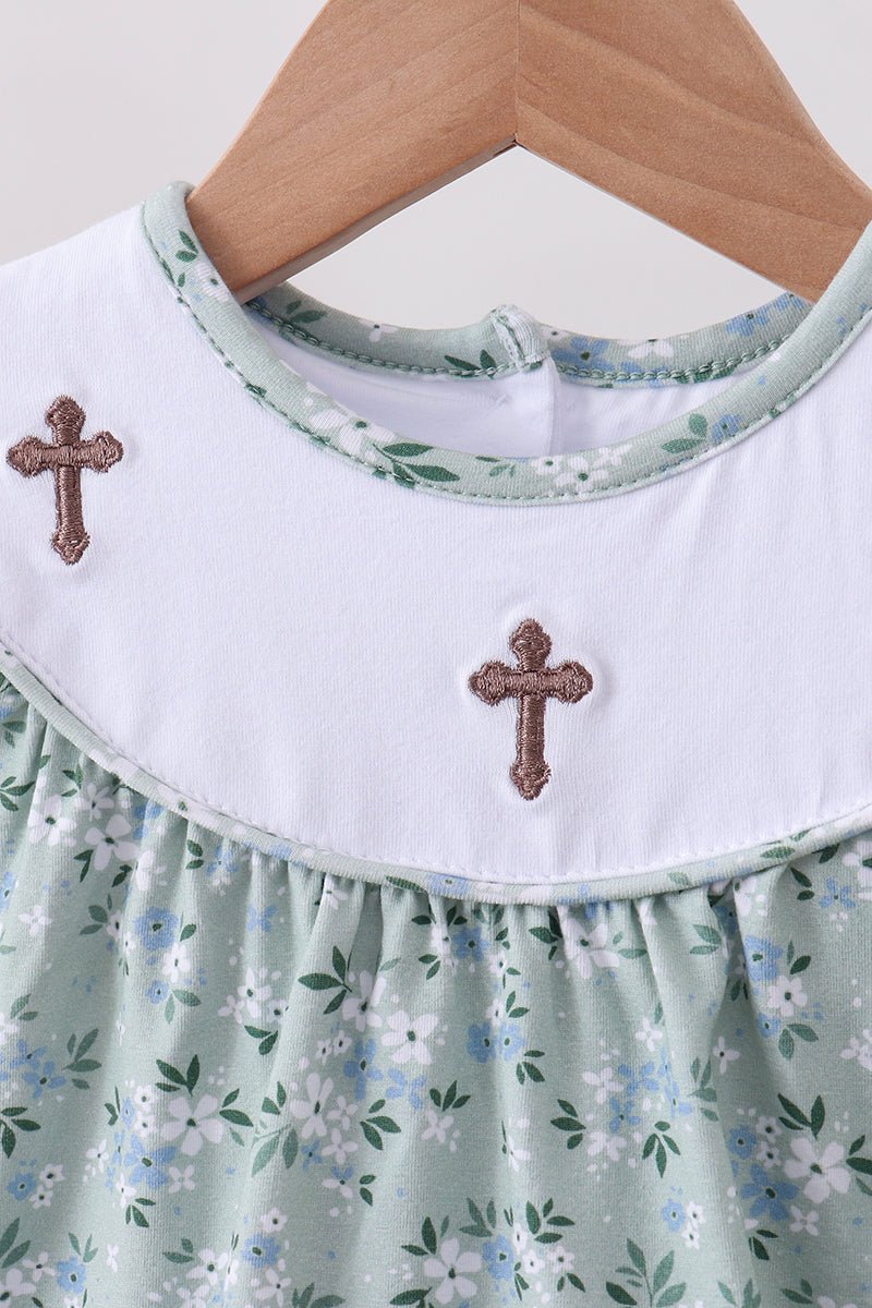 Sage floral cross embroidery ruffle shorts set - Abbies Place