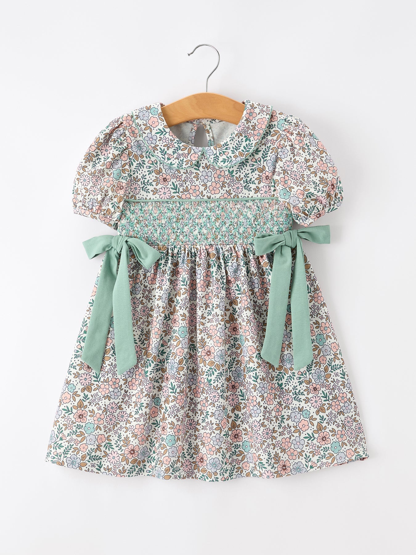 Sage Green Bow Floral Smocked Girl Dress - Abbies Place