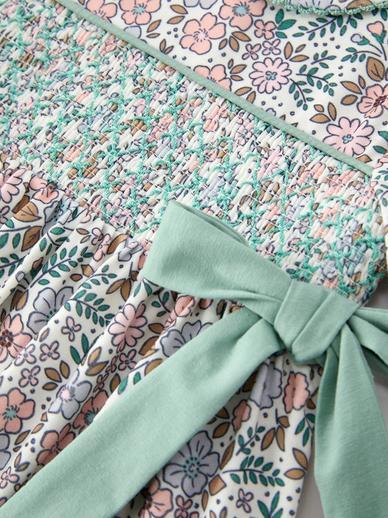 Sage Green Bow Floral Smocked Girl Dress - Abbies Place