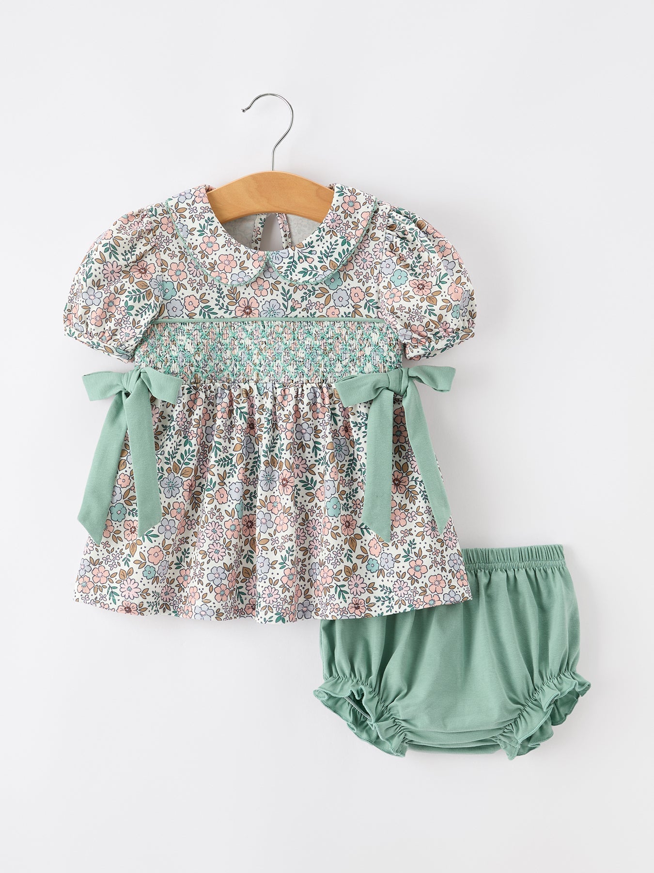 Sage Green Floral Smocked Girl Bloomer Set - Abbies Place