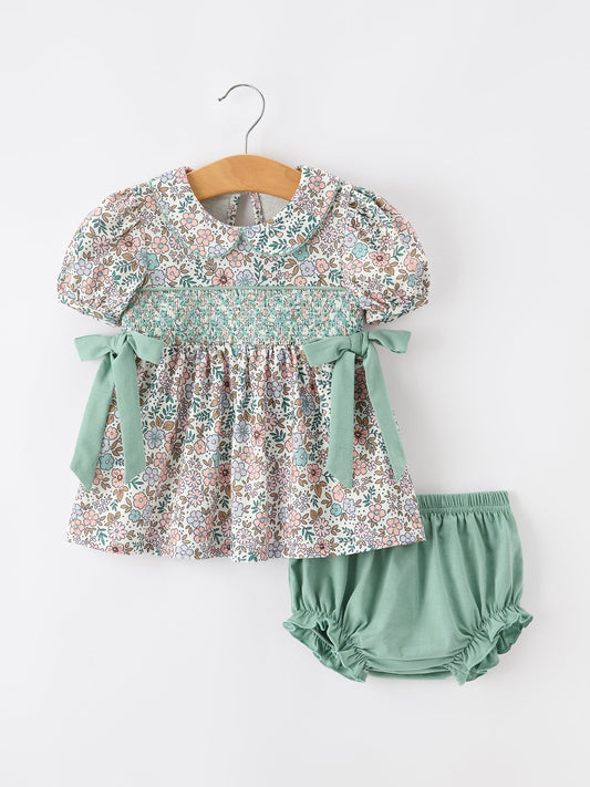 Sage Green Floral Smocked Girl Bloomer Set - Abbies Place