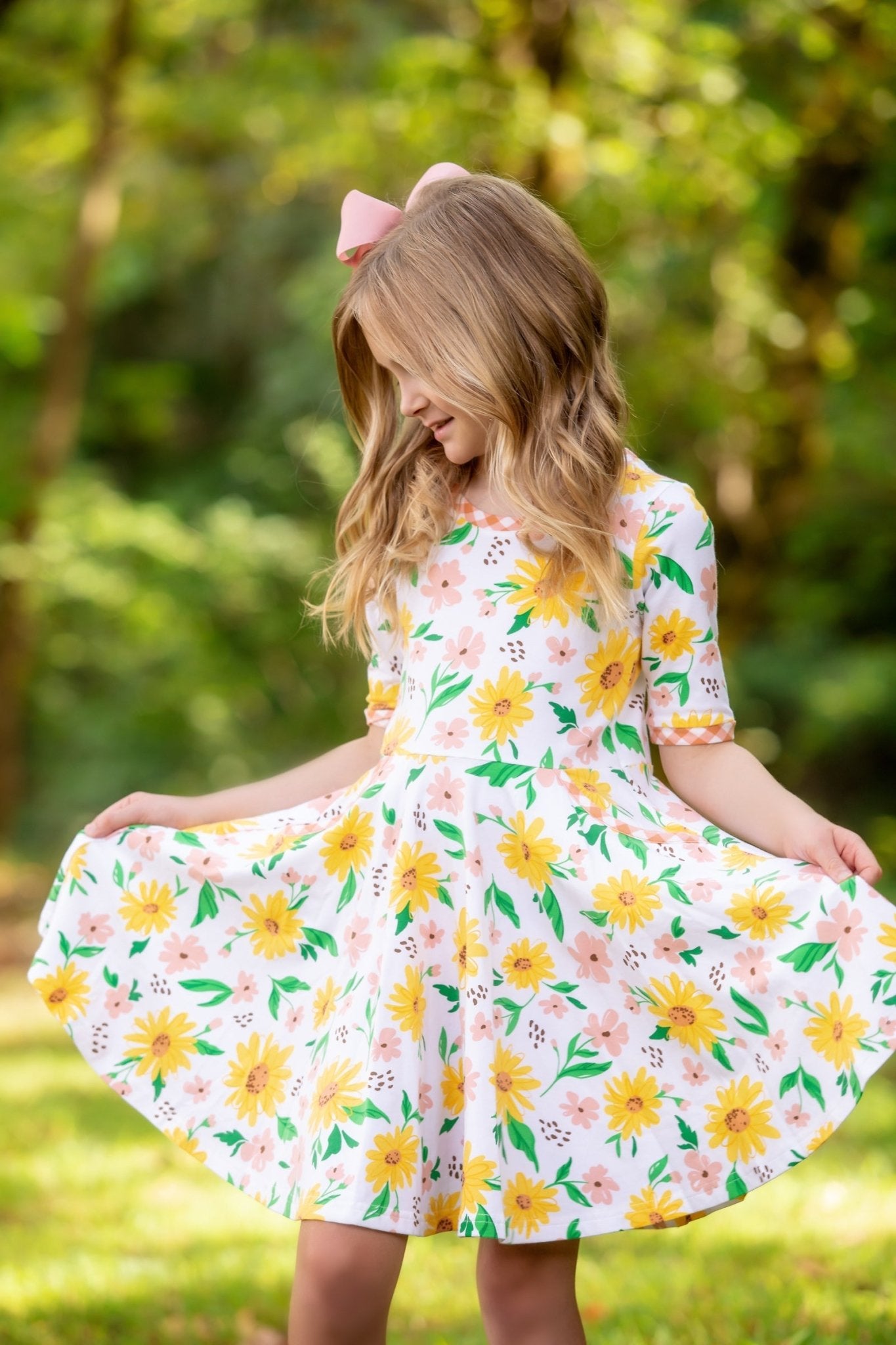 Sunflower Evenings Floral Print Knit Swing Dress with Pockets - Abbies Place