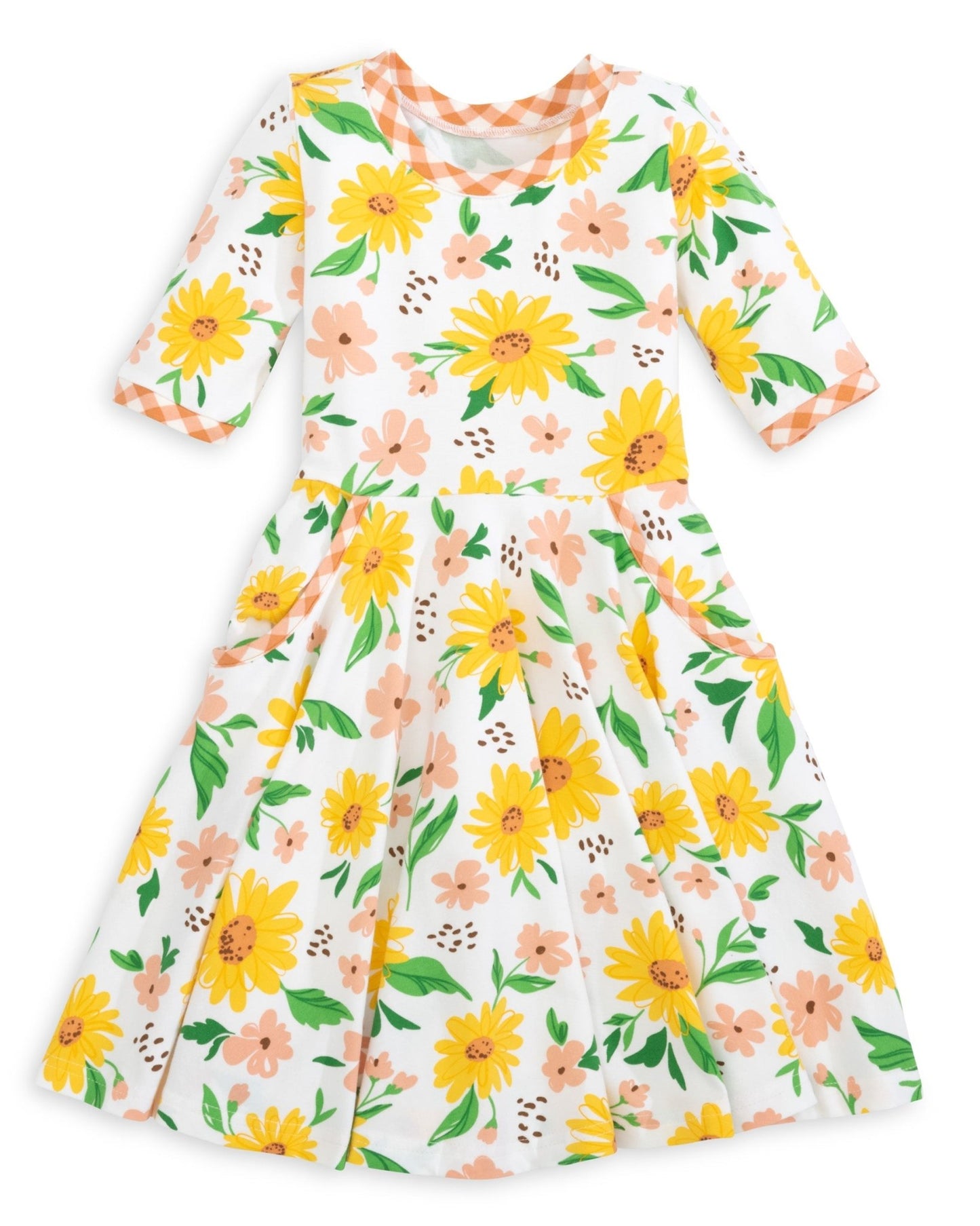 Sunflower Evenings Floral Print Knit Swing Dress with Pockets - Abbies Place
