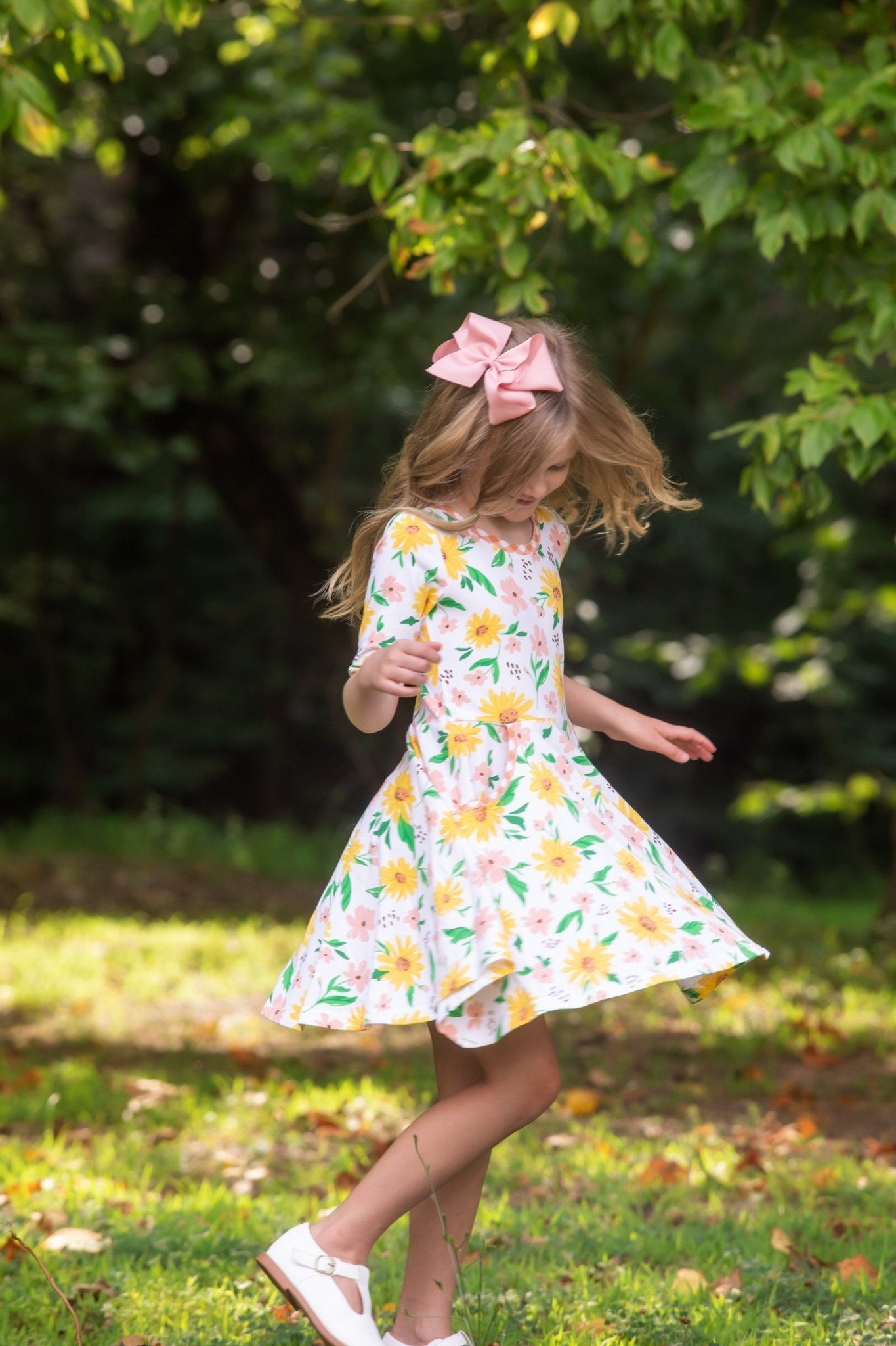 Sunflower Evenings Floral Print Knit Swing Dress with Pockets - Abbies Place
