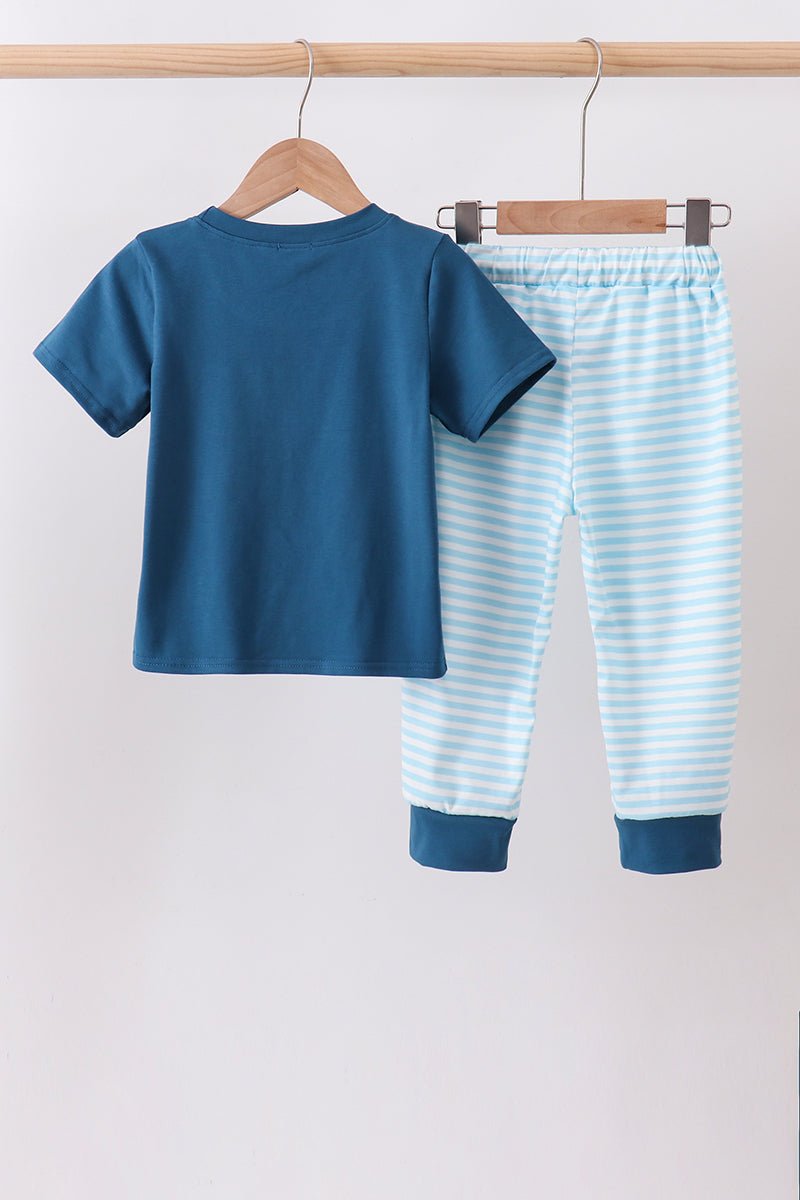 Teal Apple Embroidered Stripe Pants Set - Abbies Place