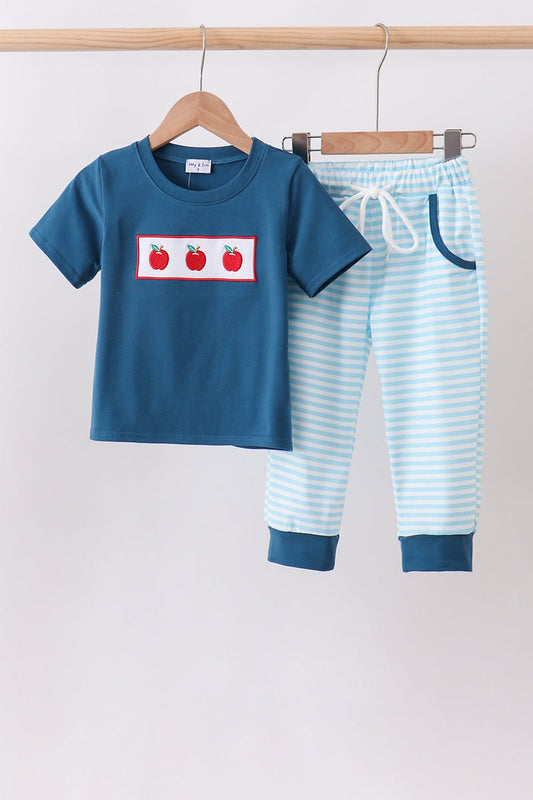 Teal Apple Embroidered Stripe Pants Set - Abbies Place