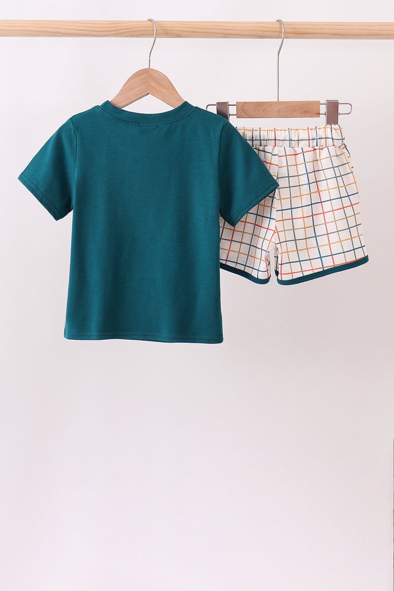 Teal Puppy Applique Plaid Set - Abbies Place