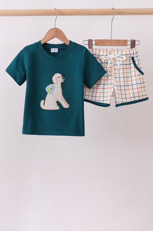 Teal Puppy Applique Plaid Set - Abbies Place