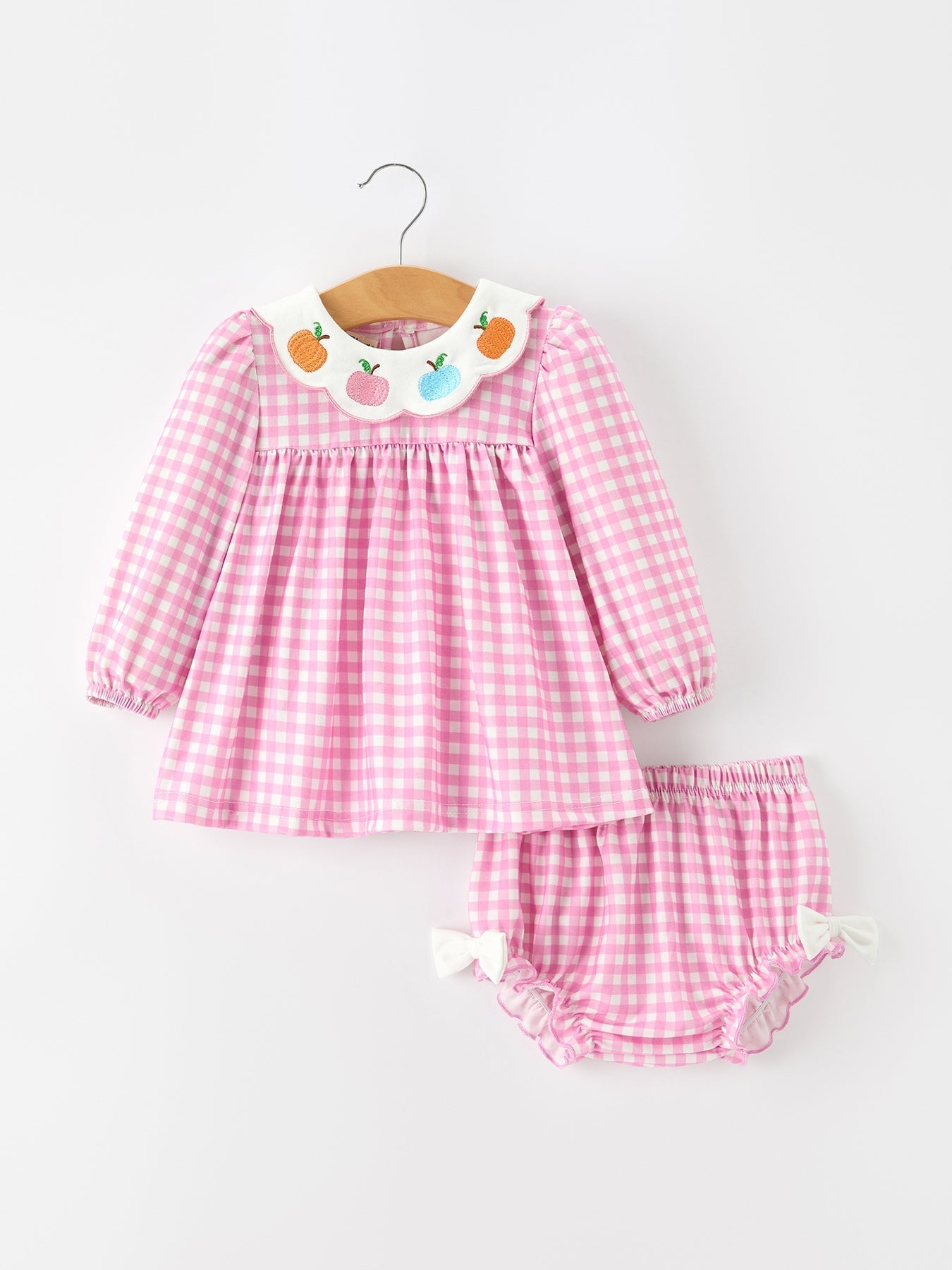 Thanksgiving Halloween Pumpkin Embroidery Pink Plaid Girls Bloomer Set - Abbies Place