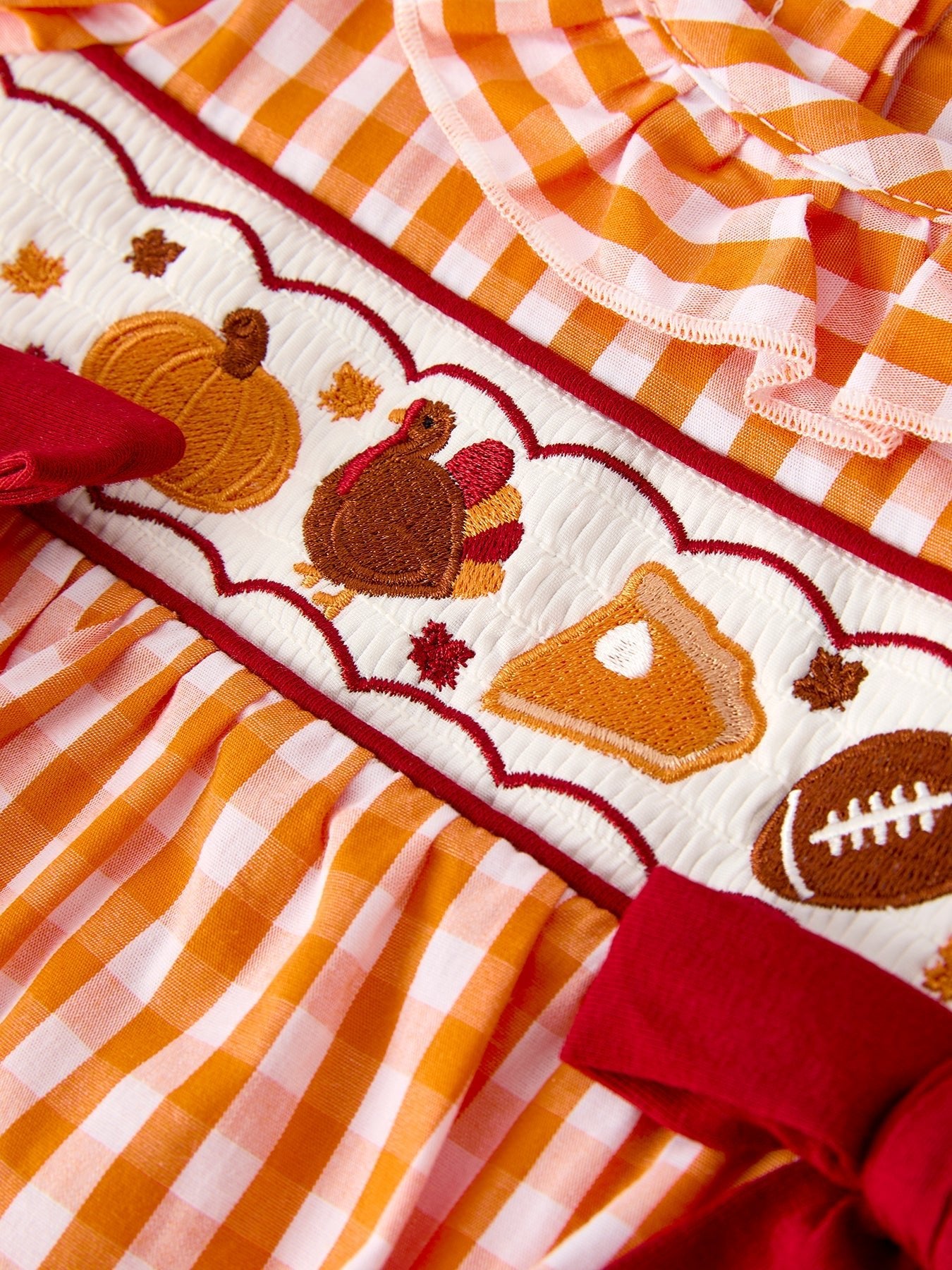 Turkey Fall Embroidered Romper for Baby Girls – Orange Checkered with Thanksgiving Details - Abbies Place
