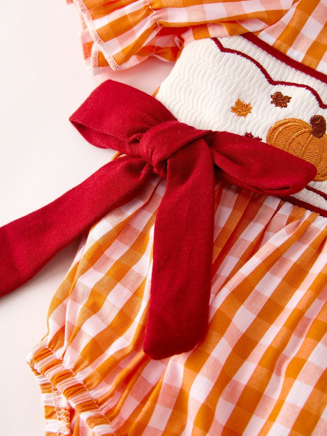 Turkey Fall Embroidered Romper for Baby Girls – Orange Checkered with Thanksgiving Details - Abbies Place