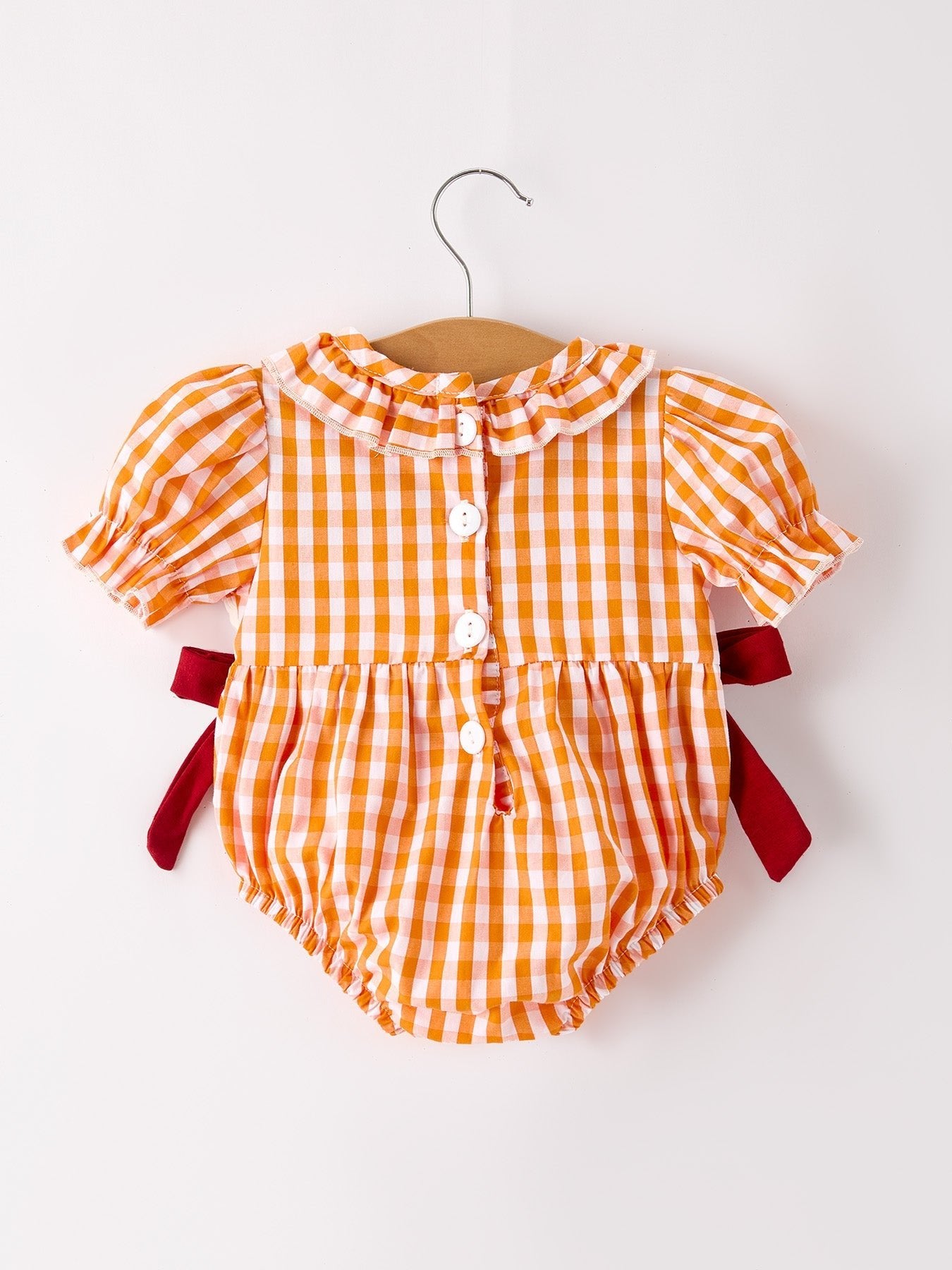 Turkey Fall Embroidered Romper for Baby Girls – Orange Checkered with Thanksgiving Details - Abbies Place