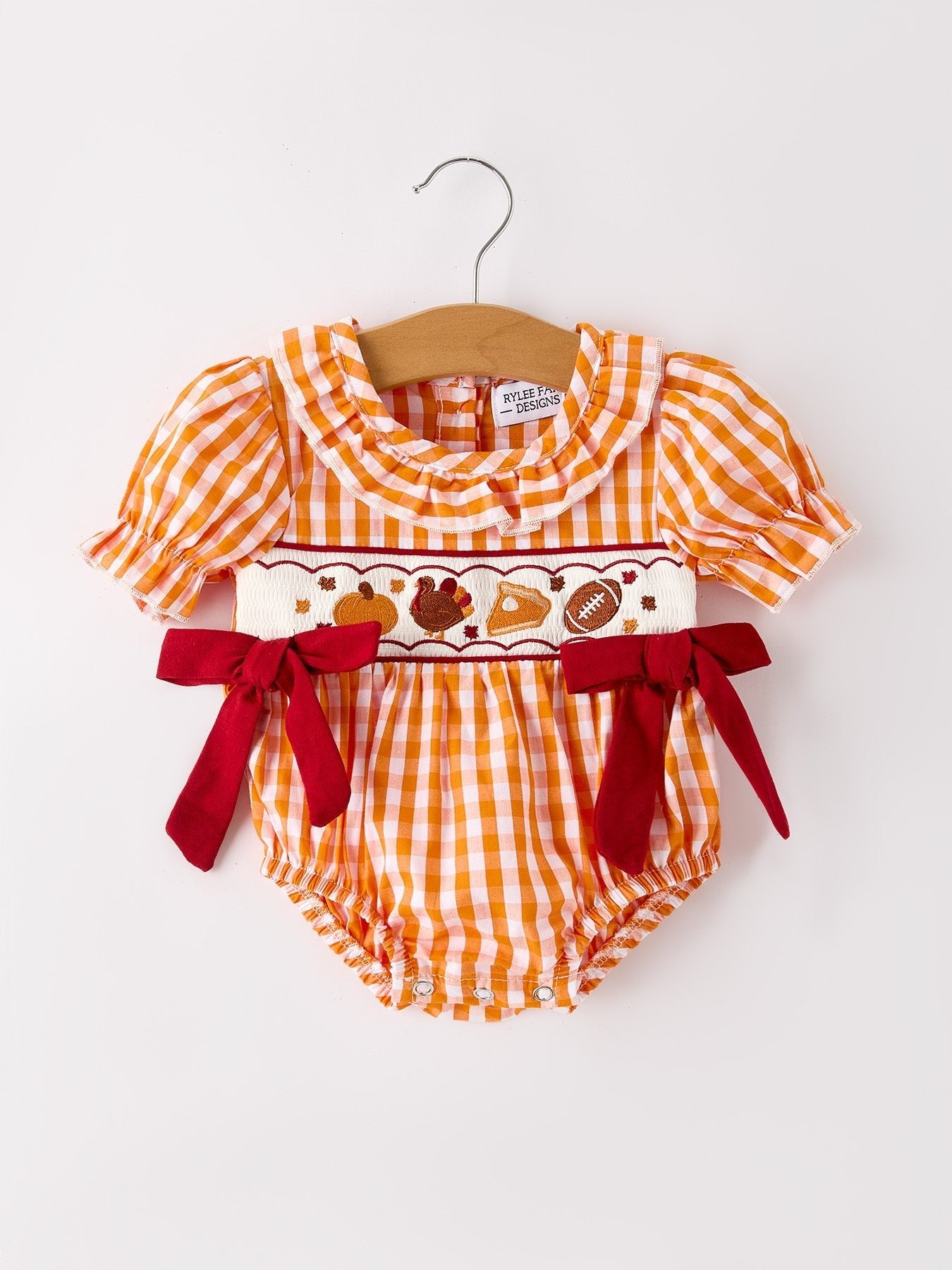 Turkey Fall Embroidered Romper for Baby Girls – Orange Checkered with Thanksgiving Details - Abbies Place