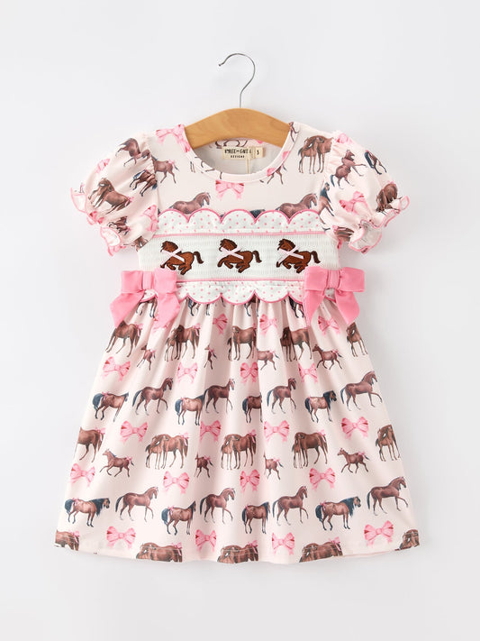 Western Horse Smocked Girls Dress Bow Ruffle Short Sleeve - Abbies Place