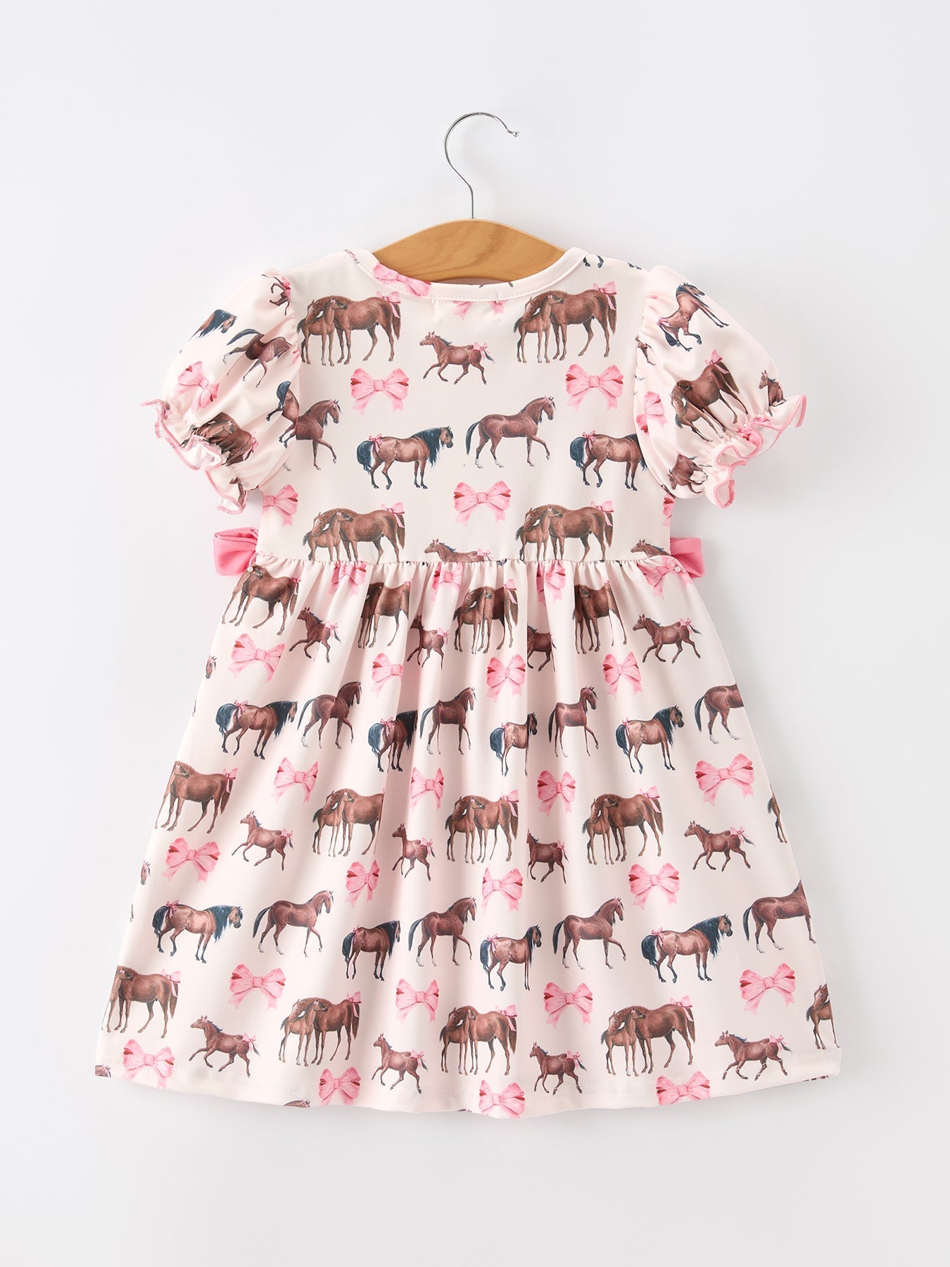 Western Horse Smocked Girls Dress Bow Ruffle Short Sleeve - Abbies Place