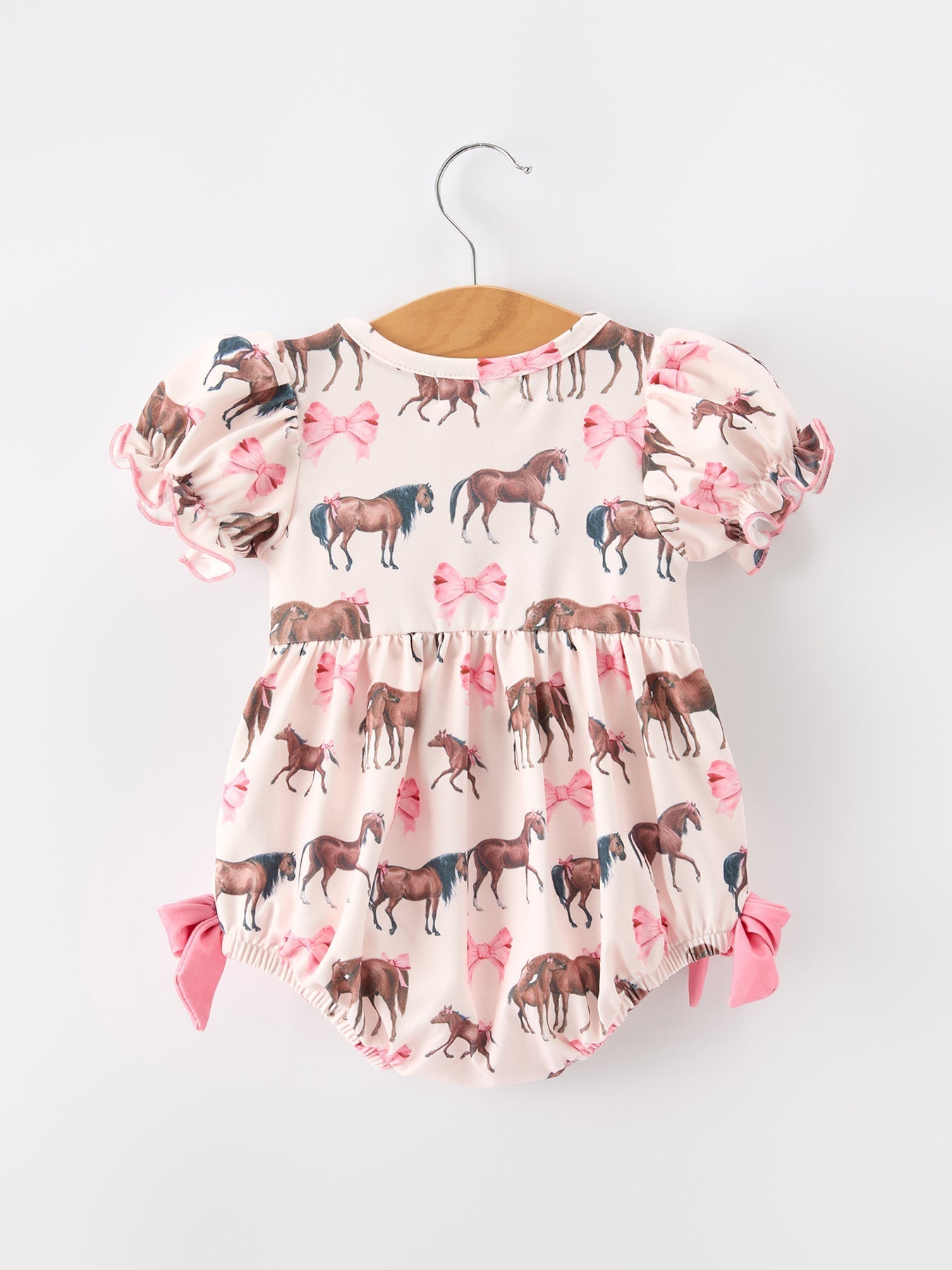 Western Horse Smocked Girls Romper Bow Ruffle Short Sleeve - Abbies Place