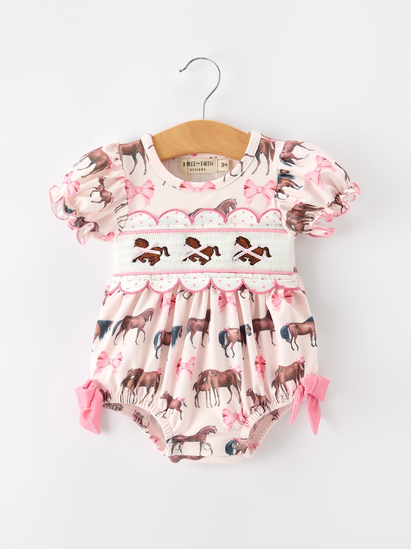Western Horse Smocked Girls Romper Bow Ruffle Short Sleeve - Abbies Place
